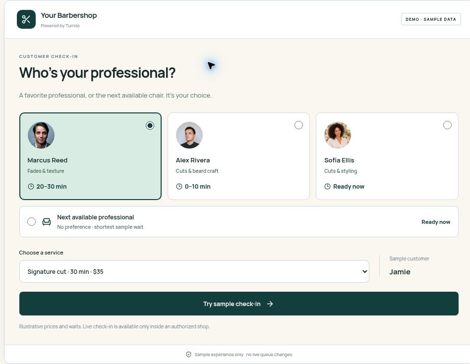 Turnilo interactive sample check-in for a shop team.