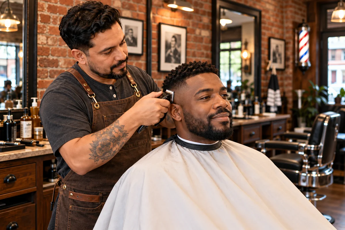 Barber giving a precise haircut in a traditional brick barbershop