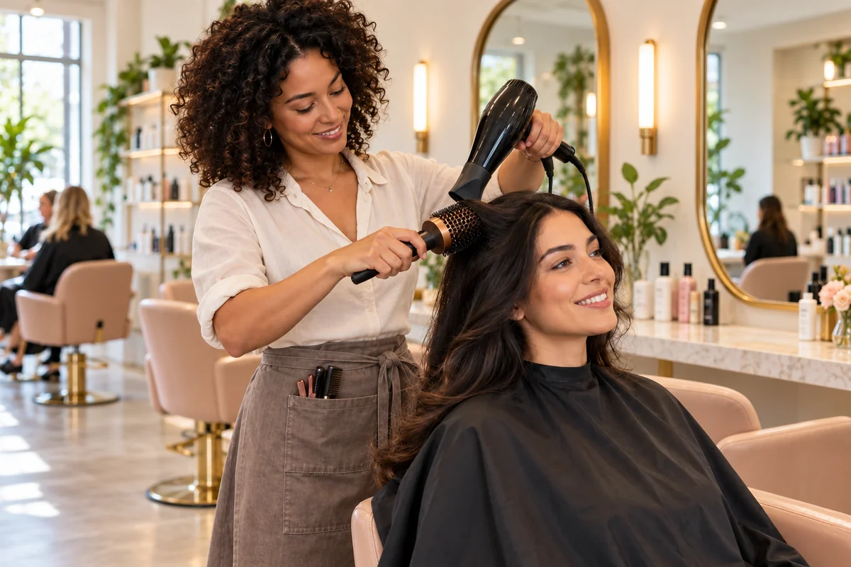 Stylist finishing a client’s hair in a bright salon with brass mirrors